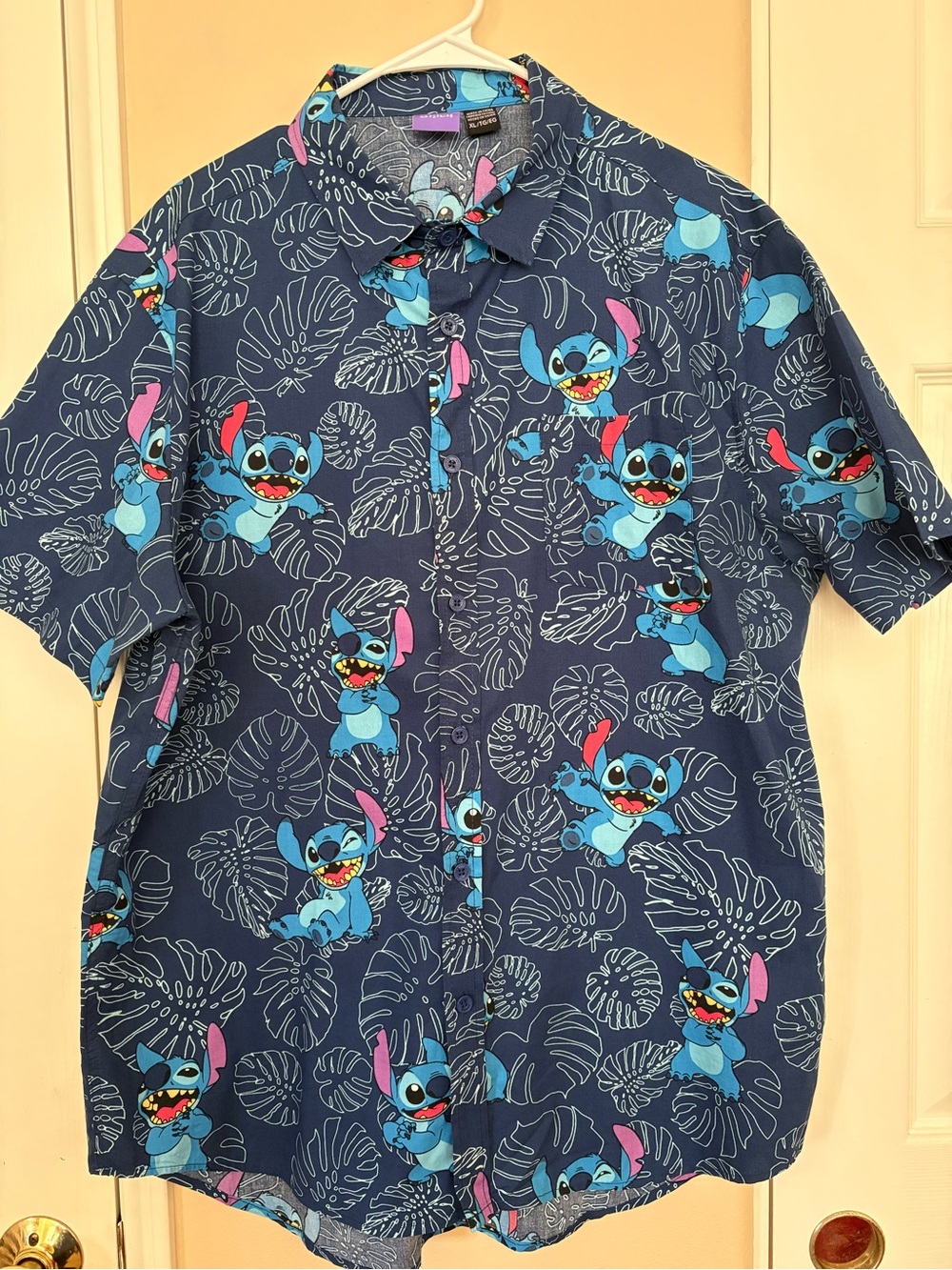 Disney Stitch Hawaiian Shirt Aloha Button Up Navy Tropical Leaf XL